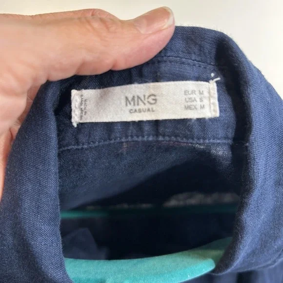 MNG Mango Navy Blue 100% Linen Shirt Dress Sleeveless Brown Button Up - Picture 4 of 9